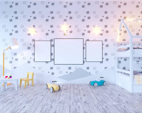 Simular la sala de color de los niños cartel, con bombillas. 3d illustration studio, plantilla, hasta, pared, blanco — Foto de Stock