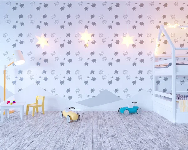Χλευάσουμε επάνω αφίσα παιδικό δωμάτιο χρώμα, με λάμπες. 3D απεικόνιση studio, πρότυπο, επάνω, τοίχο, λευκό — Φωτογραφία Αρχείου