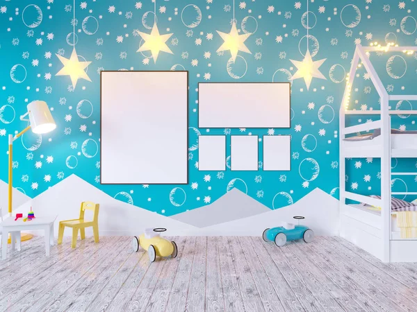 Χλευάσουμε επάνω αφίσα παιδικό δωμάτιο χρώμα, με λάμπες. 3D απεικόνιση studio, πρότυπο, επάνω, τοίχο, λευκό — Φωτογραφία Αρχείου