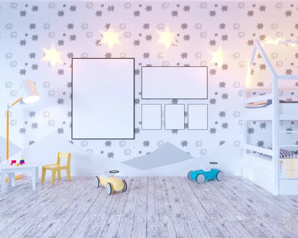 Ampuller ile posteri çocuk renk Oda kadar alay et. 3D çizim studio, şablon, kadar beyaz duvar  