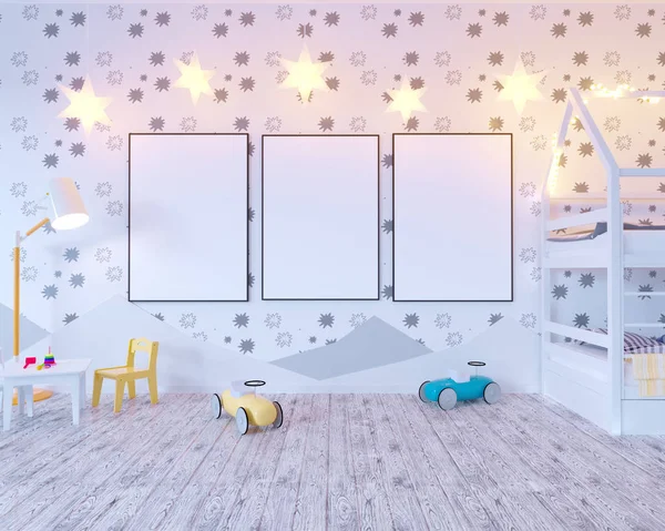 Ampuller ile posteri çocuk renk Oda kadar alay et. 3D çizim studio, şablon, kadar beyaz duvar  