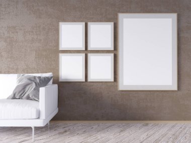 Oturma odası iç duvar gri kumaş koltuk, yastık ve beyaz arka plan, 3d render, 3d çizim Xmas Star'da sahte