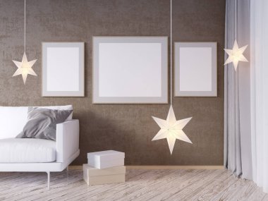 Oturma odası iç duvar gri kumaş koltuk, yastık ve beyaz arka plan, 3d render, 3d çizim Xmas Star'da sahte