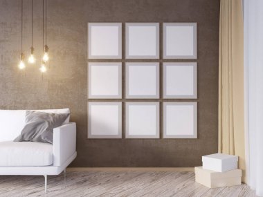 Oturma odası iç duvar gri kumaş koltuk, yastık ve beyaz arka plan, 3d render, 3d çizim Xmas Star'da sahte