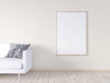 Oturma odası iç duvar gri kumaş koltuk, yastık ve beyaz arka plan, 3d render, 3d çizim Xmas Star'da sahte