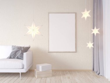 Oturma odası iç duvar gri kumaş koltuk, yastık ve beyaz arka plan, 3d render, 3d çizim Xmas Star'da sahte