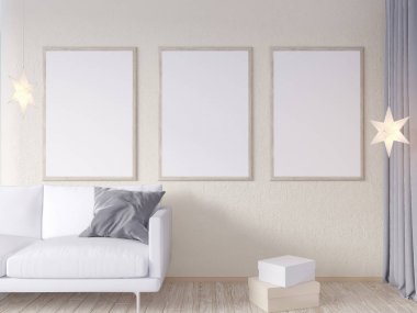 Oturma odası iç duvar gri kumaş koltuk, yastık ve beyaz arka plan, 3d render, 3d çizim Xmas Star'da sahte