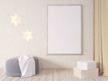 Oturma odası iç duvar gri kumaş koltuk, yastık ve beyaz arka plan, 3d render, 3d çizim Xmas Star'da sahte