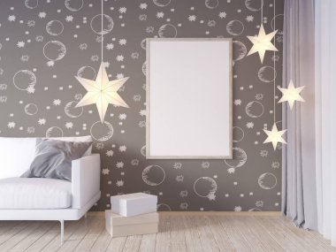 Oturma odası iç duvar gri kumaş koltuk, yastık ve beyaz arka plan, 3d render, 3d çizim Xmas Star'da sahte