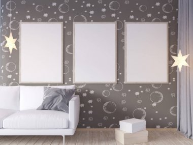 Oturma odası iç duvar gri kumaş koltuk, yastık ve beyaz arka plan, 3d render, 3d çizim Xmas Star'da sahte