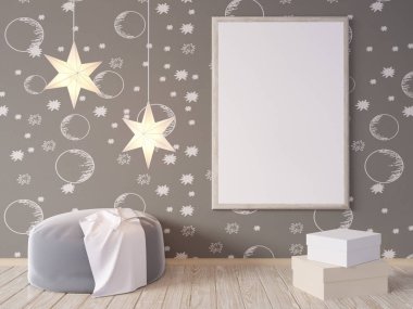 Oturma odası iç duvar gri kumaş koltuk, yastık ve beyaz arka plan, 3d render, 3d çizim Xmas Star'da sahte