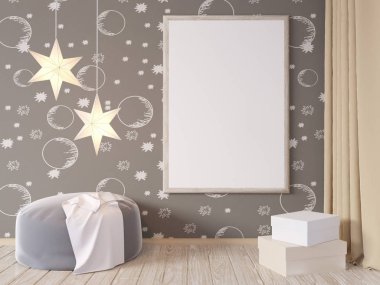 Oturma odası iç duvar gri kumaş koltuk, yastık ve beyaz arka plan, 3d render, 3d çizim Xmas Star'da sahte