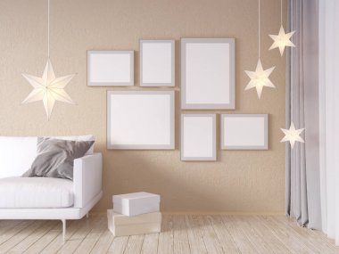 Oturma odası iç duvar gri kumaş koltuk, yastık ve beyaz arka plan, 3d render, 3d çizim Xmas Star'da sahte