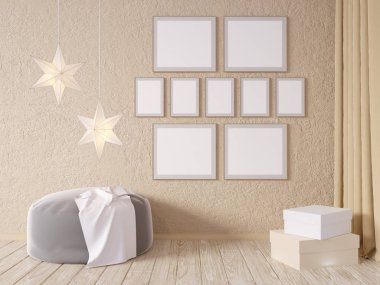 Oturma odası iç duvar gri kumaş koltuk, yastık ve beyaz arka plan, 3d render, 3d çizim Xmas Star'da sahte