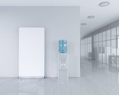 Afiş olarak boş topla parlak ofis iç kırpma yoluyla reklam standı çevresinde stand. 3D çizim