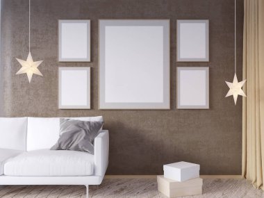Oturma odası iç duvar gri kumaş koltuk, yastık ve beyaz arka plan, 3d render, 3d çizim Xmas Star'da sahte