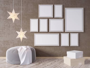 Oturma odası iç duvar gri kumaş koltuk, yastık ve beyaz arka plan, 3d render, 3d çizim Xmas Star'da sahte