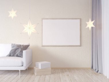 Oturma odası iç duvar gri kumaş koltuk, yastık ve beyaz arka plan, 3d render, 3d çizim Xmas Star'da sahte