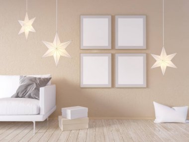 Oturma odası iç duvar gri kumaş koltuk, yastık ve beyaz arka plan, 3d render, 3d çizim Xmas Star'da sahte