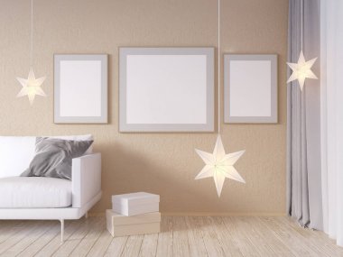 Oturma odası iç duvar gri kumaş koltuk, yastık ve beyaz arka plan, 3d render, 3d çizim Xmas Star'da sahte
