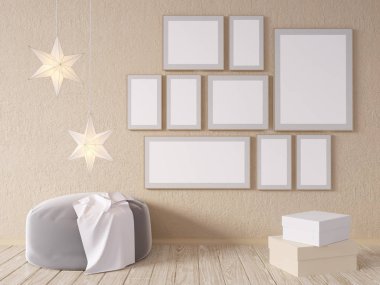 Oturma odası iç duvar gri kumaş koltuk, yastık ve beyaz arka plan, 3d render, 3d çizim Xmas Star'da sahte