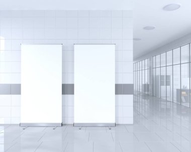 Afiş olarak boş topla parlak ofis iç kırpma yoluyla reklam standı çevresinde stand. 3D çizim