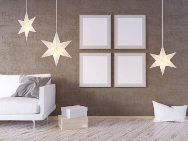 Oturma odası iç duvar gri kumaş koltuk, yastık ve beyaz arka plan, 3d render, 3d çizim Xmas Star'da sahte