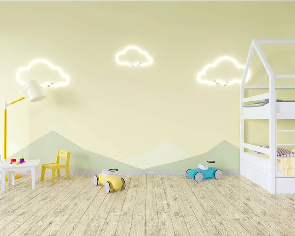 Room interior with a crib, cloud shaped lamps and a toy. Blue walls. Concept of minimalism. 3d rendering. Mock up. illustration