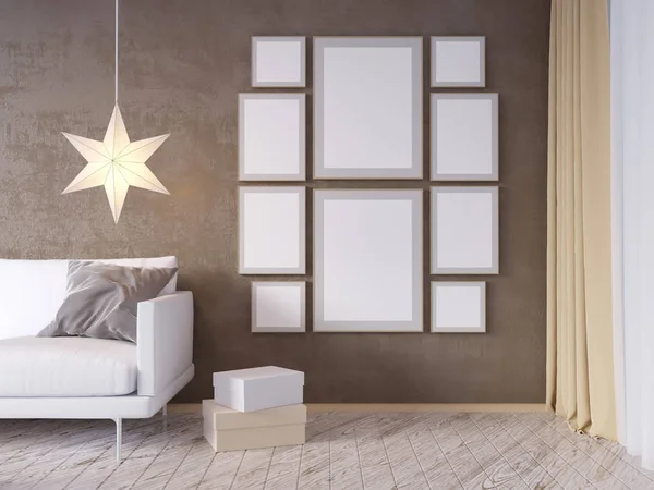 Soggiorno parete interna modello con divano in tessuto grigio, cuscini e stella di Natale su sfondo bianco, rendering 3D, illustrazione 3D — Foto Stock