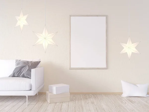Living room interior wall mock up with gray fabric sofa, pillows and Xmas star on white background, 3D rendering, 3D illustration