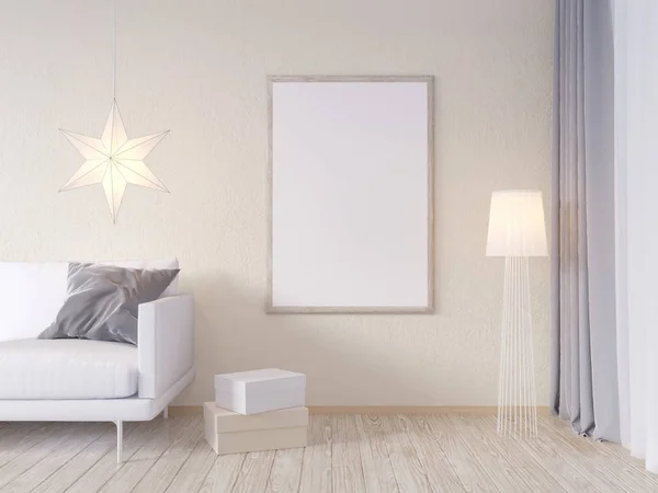 La pared interior de la sala de estar se burla de sofá de tela gris, almohadas y estrella de Navidad sobre fondo blanco, representación 3D, ilustración 3D — Foto de Stock