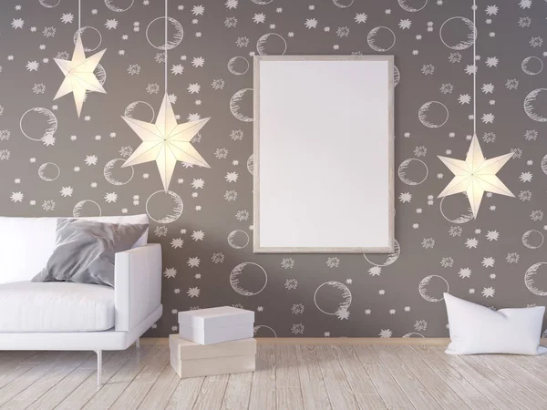 La pared interior de la sala de estar se burla de sofá de tela gris, almohadas y estrella de Navidad sobre fondo blanco, representación 3D, ilustración 3D — Foto de Stock