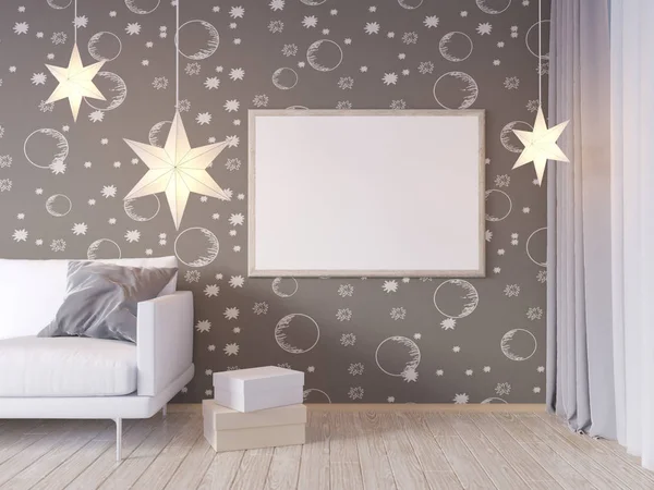 Σαλόνι εσωτερικό τοίχο ομοίωμα με γκρι ύφασμα καναπέ, τα μαξιλάρια και Xmas star σε λευκό φόντο, 3d rendering, 3d απεικόνιση — Φωτογραφία Αρχείου