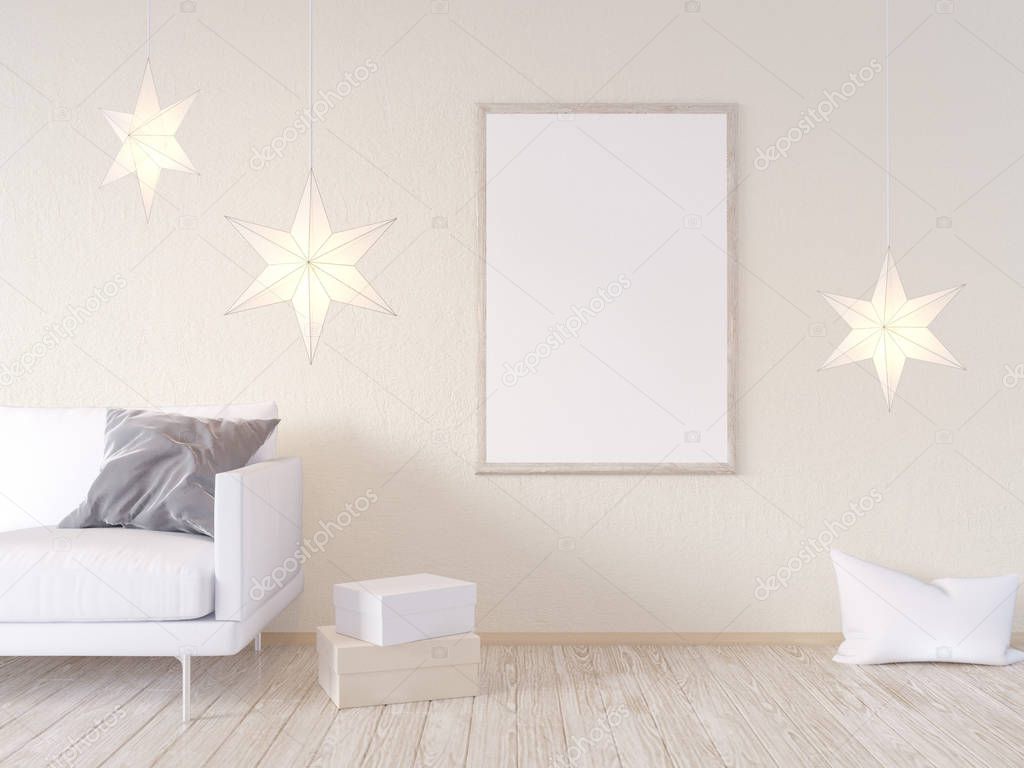 Living room interior wall mock up with gray fabric sofa, pillows and Xmas star on white background, 3D rendering, 3D illustration
