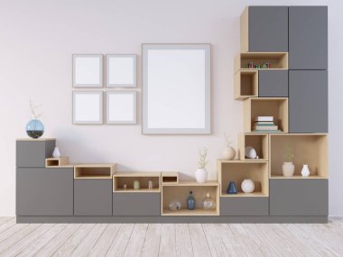 Sahte kadar poster, yenilikçi, 3d çizim İskandinav, stüdyo, Stil, şablon, kadar kentsel, duvar, beyaz, ahşap, iş  