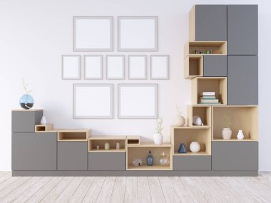 Sahte kadar poster, yenilikçi, 3d çizim İskandinav, stüdyo, Stil, şablon, kadar kentsel, duvar, beyaz, ahşap, iş  