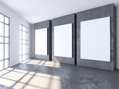 Parlak beton Oda boş posteri ile. Galeri, sergi, kavramı reklam. Alay etmek yukarıya, 3d çizim