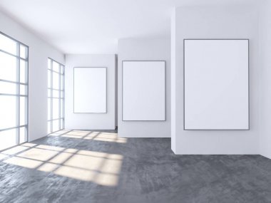 Parlak beton Oda boş posteri ile. Galeri, sergi, kavramı reklam. Alay etmek yukarıya, 3d çizim