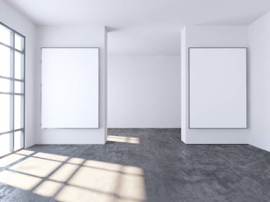 Parlak beton Oda boş posteri ile. Galeri, sergi, kavramı reklam. Alay etmek yukarıya, 3d çizim