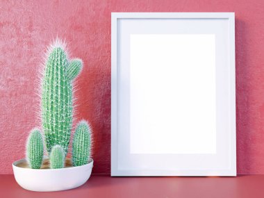 Düzen poster çerçeve, açık manzaralı, Dekor elemanları, çiçekler ve kırmızı bir arka plan üzerinde boş alanı. 3D çizim