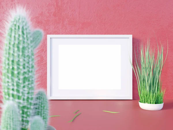 Lay-out verlichte wissellijst, vooraanzicht, met elementen van het decor, de bloemen en de lege ruimte op een rode achtergrond. 3D illustratie — Stockfoto