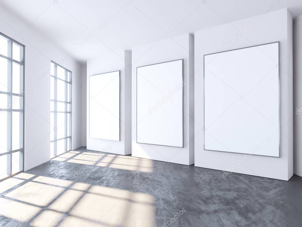 Bright concrete room with empty poster. Gallery, exhibition, advertising concept. Mock up, 3D illustration
