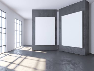 Parlak beton Oda boş posteri ile. Galeri, sergi, kavramı reklam. Alay etmek yukarıya, 3d çizim