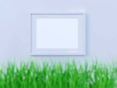 Düzen poster çerçeve, açık manzaralı, Dekor elemanları, çiçekler ve kırmızı bir arka plan üzerinde boş alanı. 3D çizim