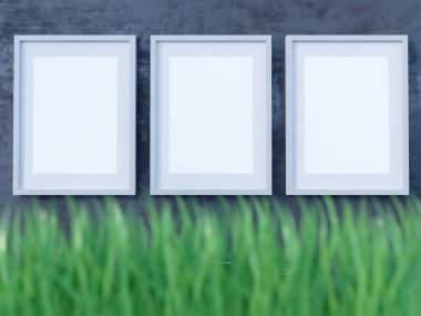 Düzen poster çerçeve, açık manzaralı, Dekor elemanları, çiçekler ve kırmızı bir arka plan üzerinde boş alanı. 3D çizim