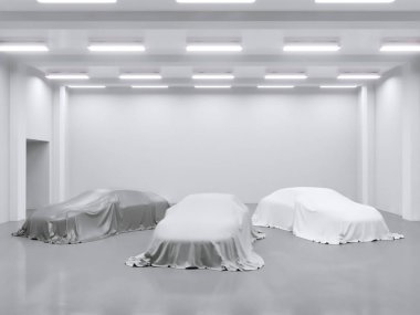 photo studio ile hangar ve kumaş araba ile kaplı. 3D render, gösteren, ipek, düzgün çizim, stüdyo