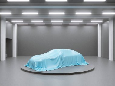 photo studio ile hangar ve kumaş araba ile kaplı. 3D render, gösteren, ipek, düzgün çizim, stüdyo