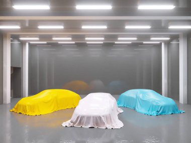 photo studio ile hangar ve kumaş araba ile kaplı. 3D render, gösteren, ipek, düzgün çizim, stüdyo