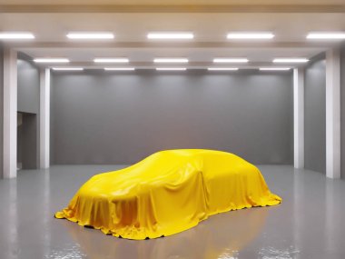 photo studio ile hangar ve kumaş araba ile kaplı. 3D render, gösteren, ipek, düzgün çizim, stüdyo