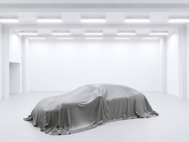 photo studio ile hangar ve kumaş araba ile kaplı. 3D render, gösteren, ipek, düzgün çizim, stüdyo